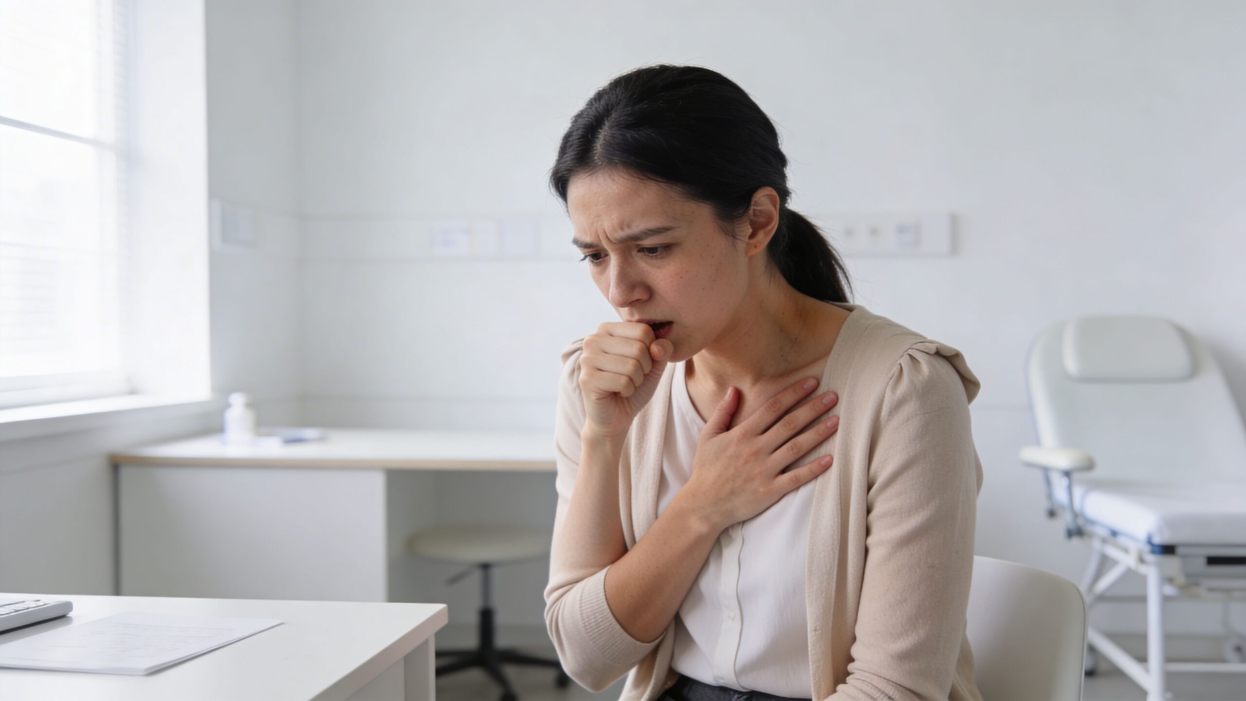 A woman experiencing discomfort while coughing and holding her chest, likely indicating a medical symptom.