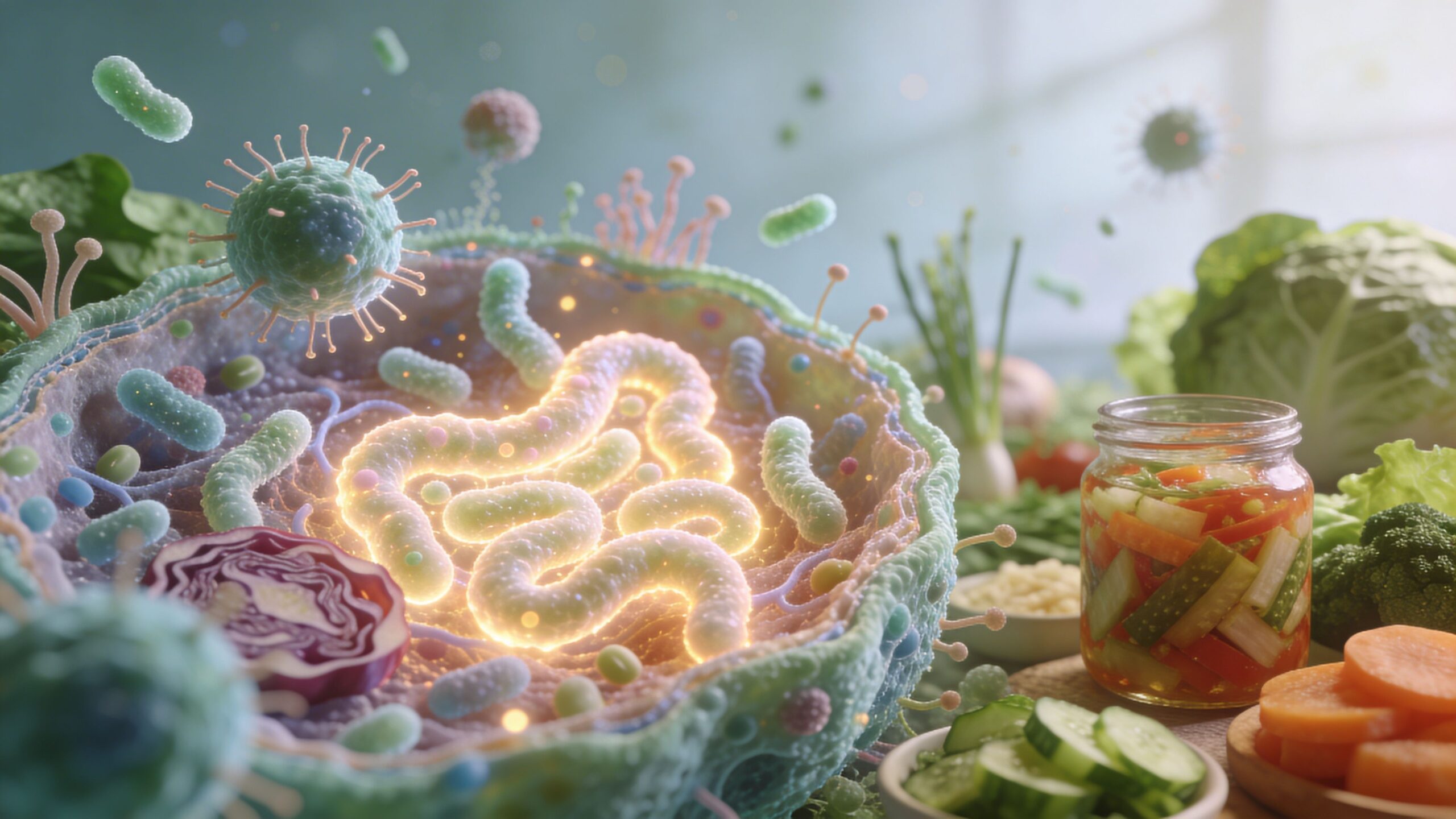 A microscopic view of human gut cells and healthy probiotic bacteria alongside fresh fermented vegetables and produce.