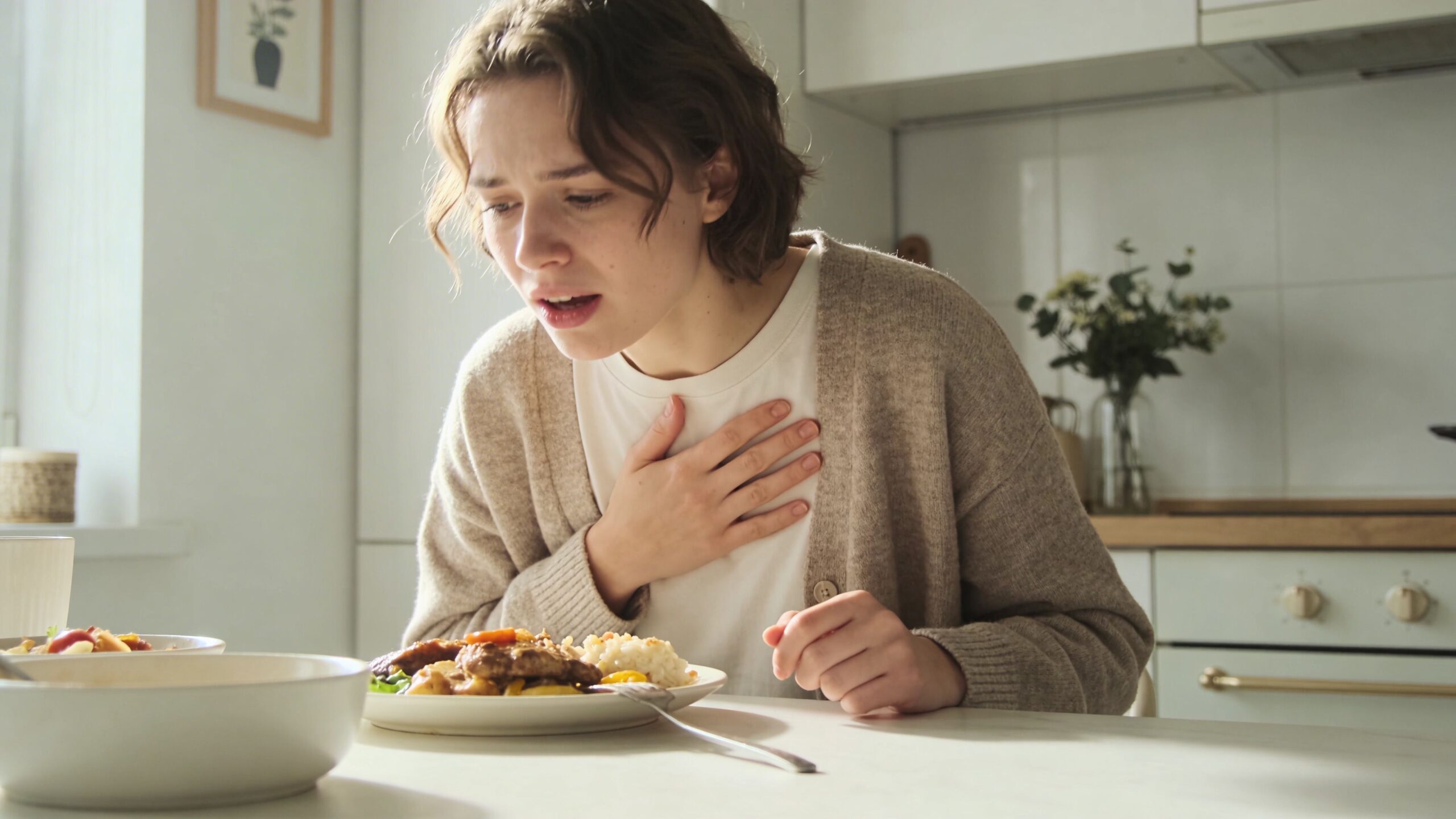 A distressed young woman in a kitchen holding her chest while experiencing potential acid reflux symptoms