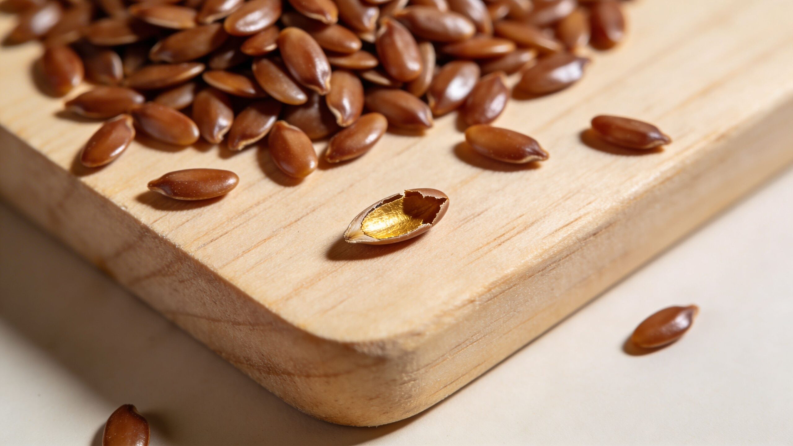 A close-up view of whole flaxseeds on a wooden board with one seed revealing a golden center.