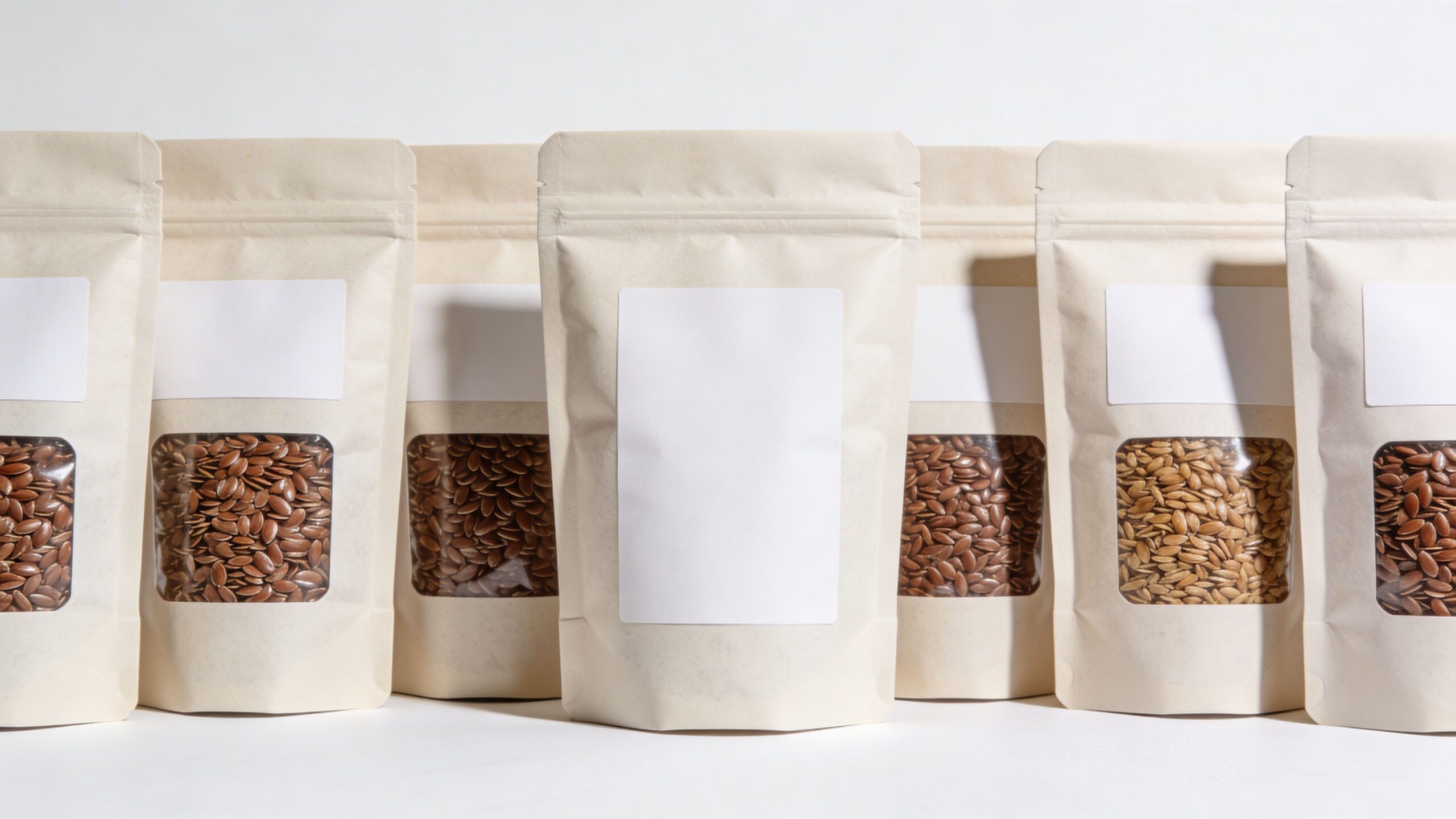 Several eco-friendly pouches of whole flaxseeds displayed in a row against a plain white background.