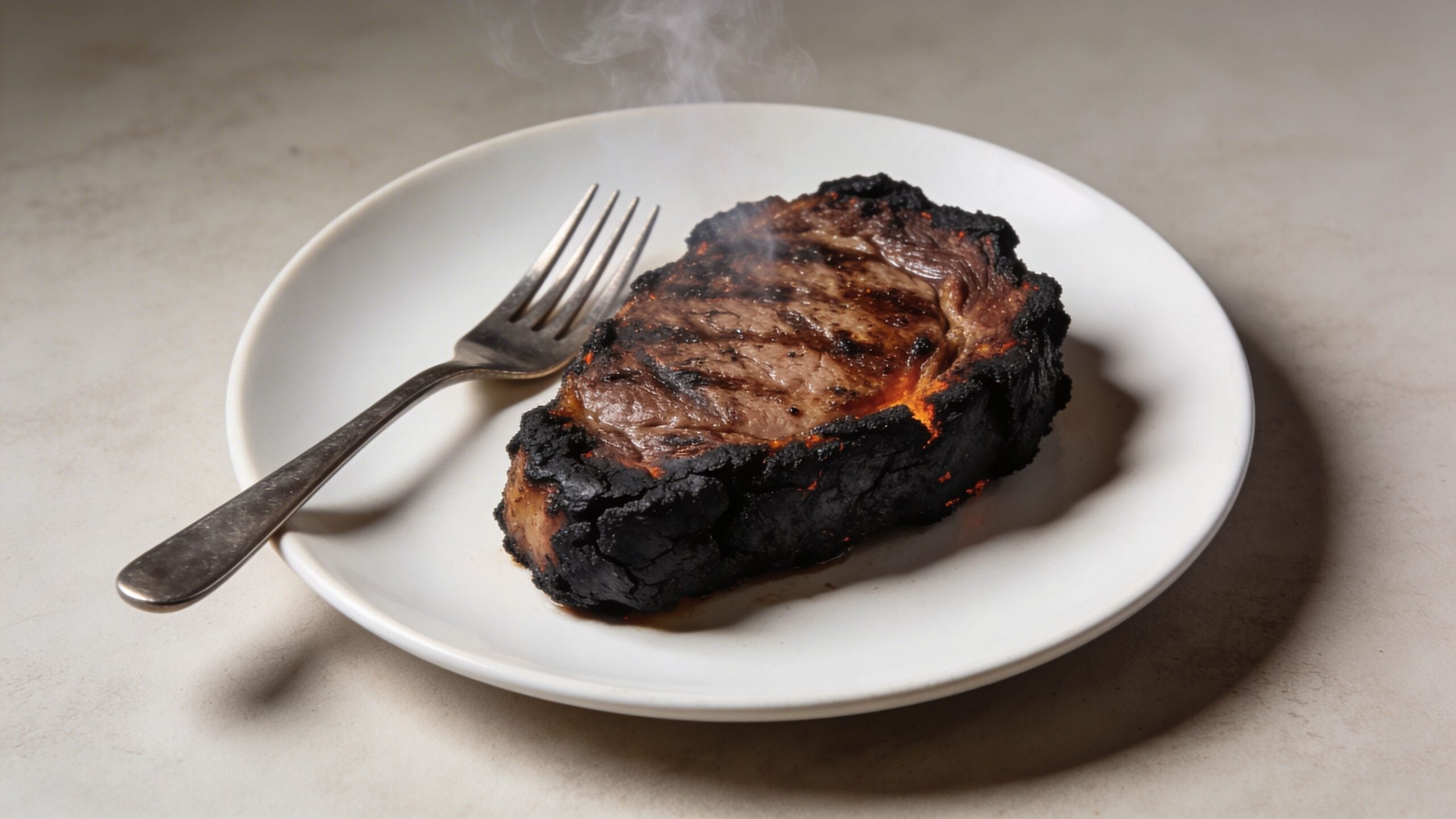 A charred, heavily burnt steak on a white plate next to a stainless steel dinner fork.