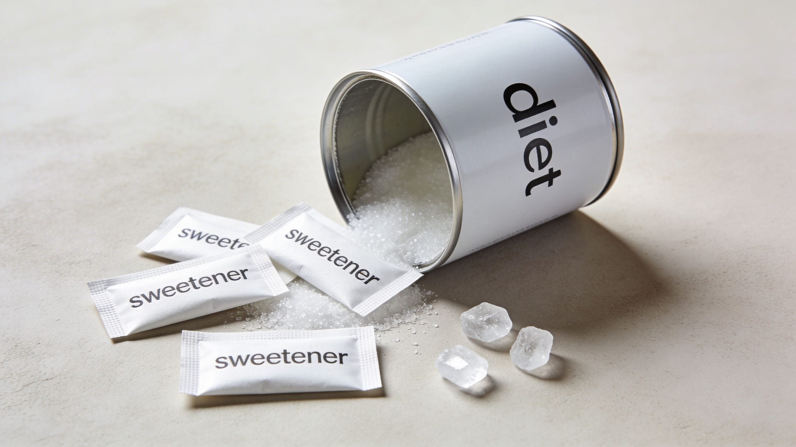 A tin labeled diet spilling sweetener packets and sugar crystals onto a light beige surface.