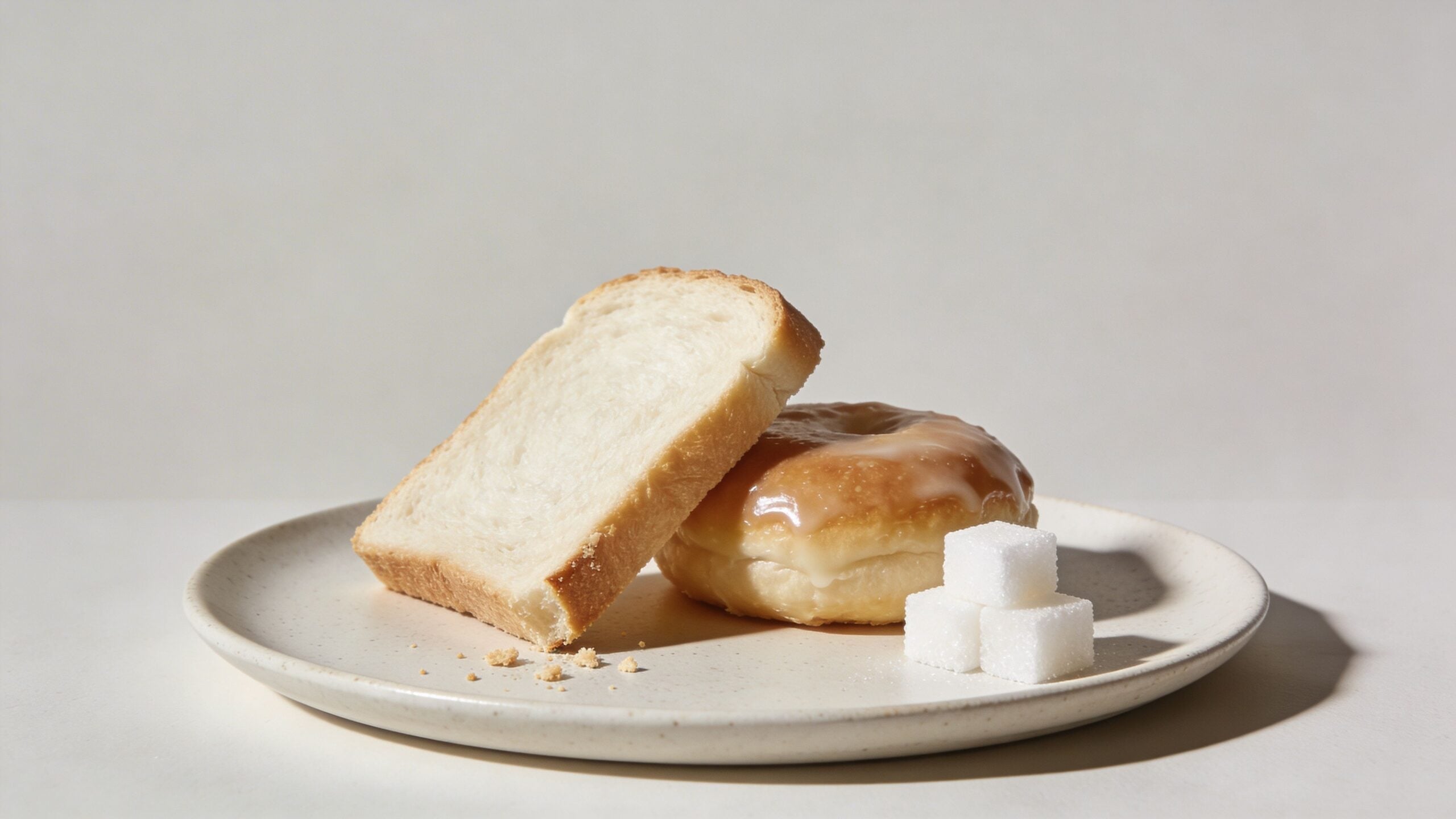 A slice of white bread and a glazed donut served with sugar cubes on a plate.