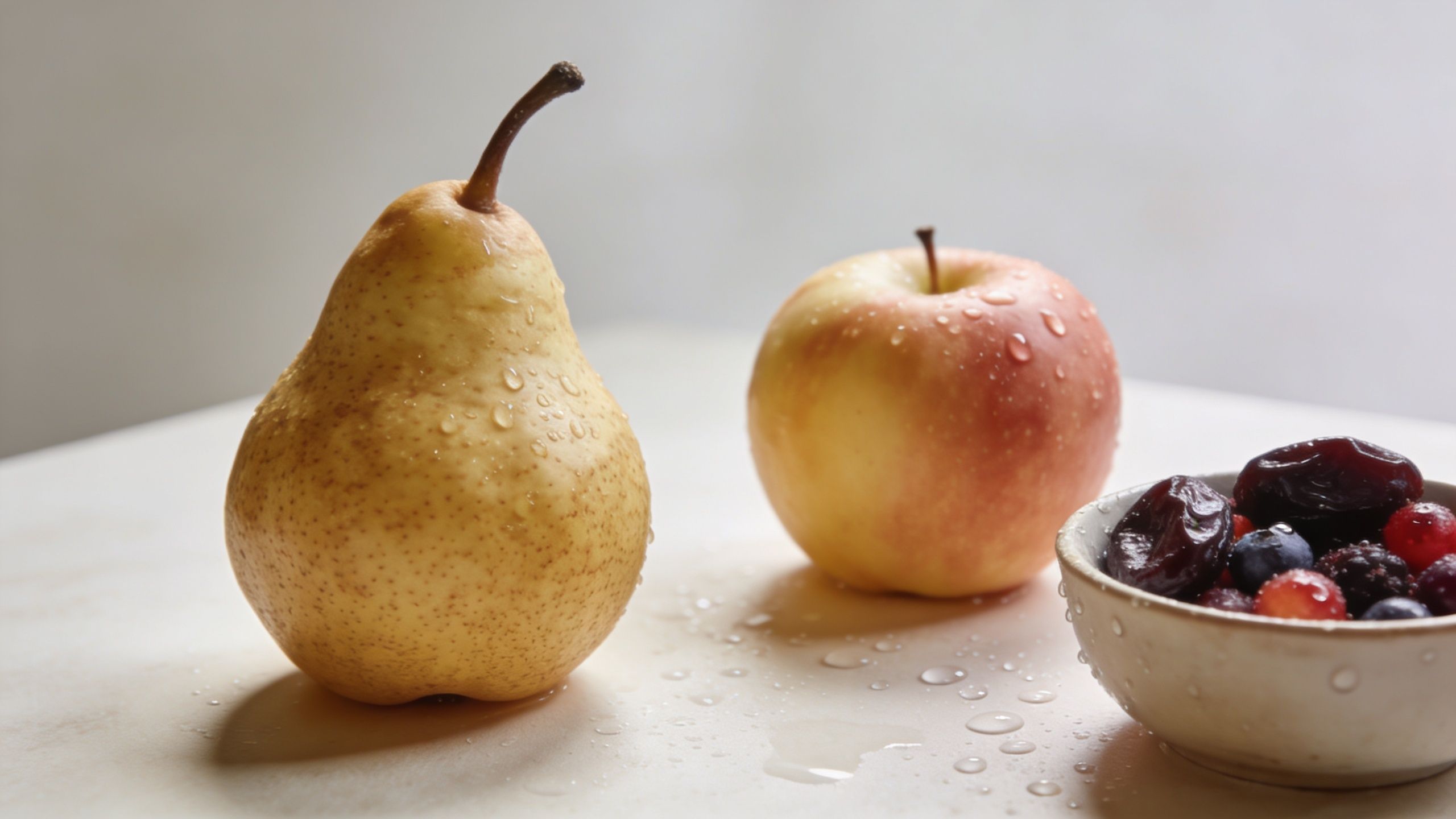 A fresh pear, a crisp apple, and a small bowl of berries and dates on a table.