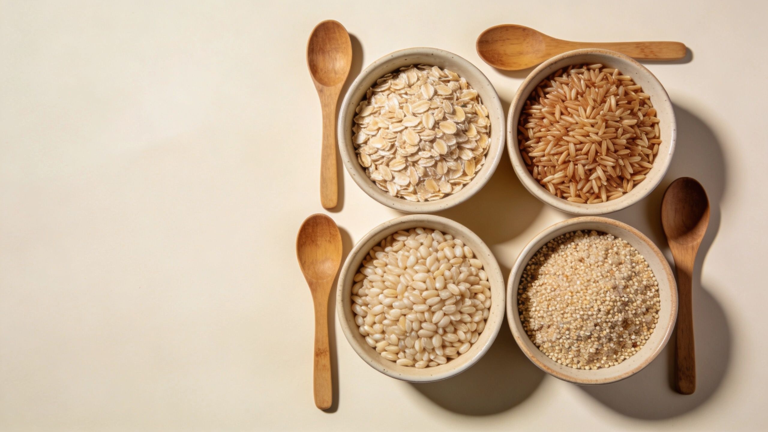 Four ceramic bowls containing different types of healthy whole grains placed with small wooden spoons.