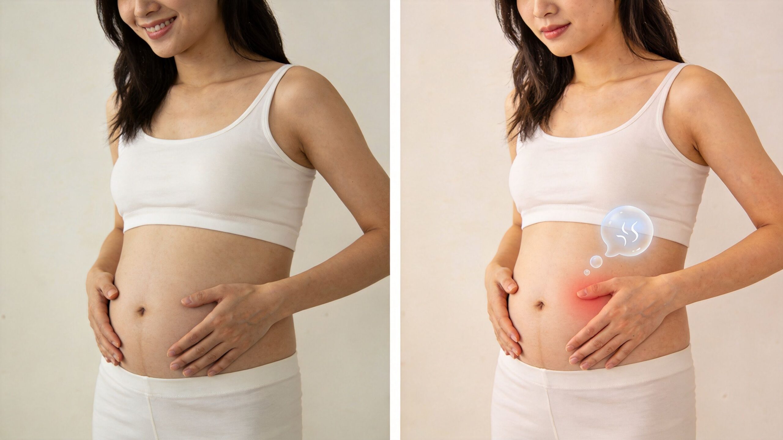 A split image showing a woman touching her abdomen, representing digestive health and gut issues.