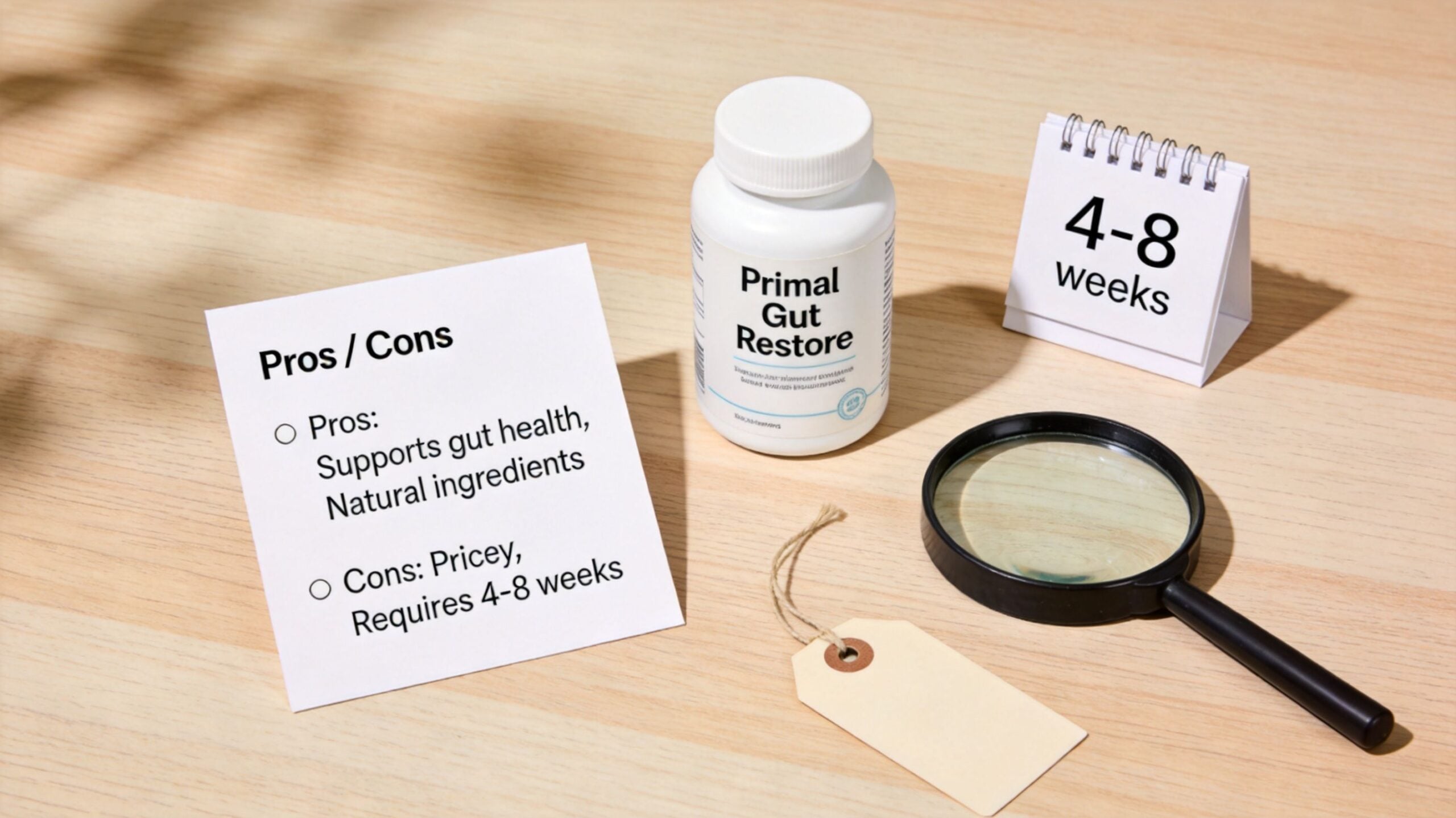 A bottle of Primal Gut Restore supplement with a pros and cons list and magnifying glass.