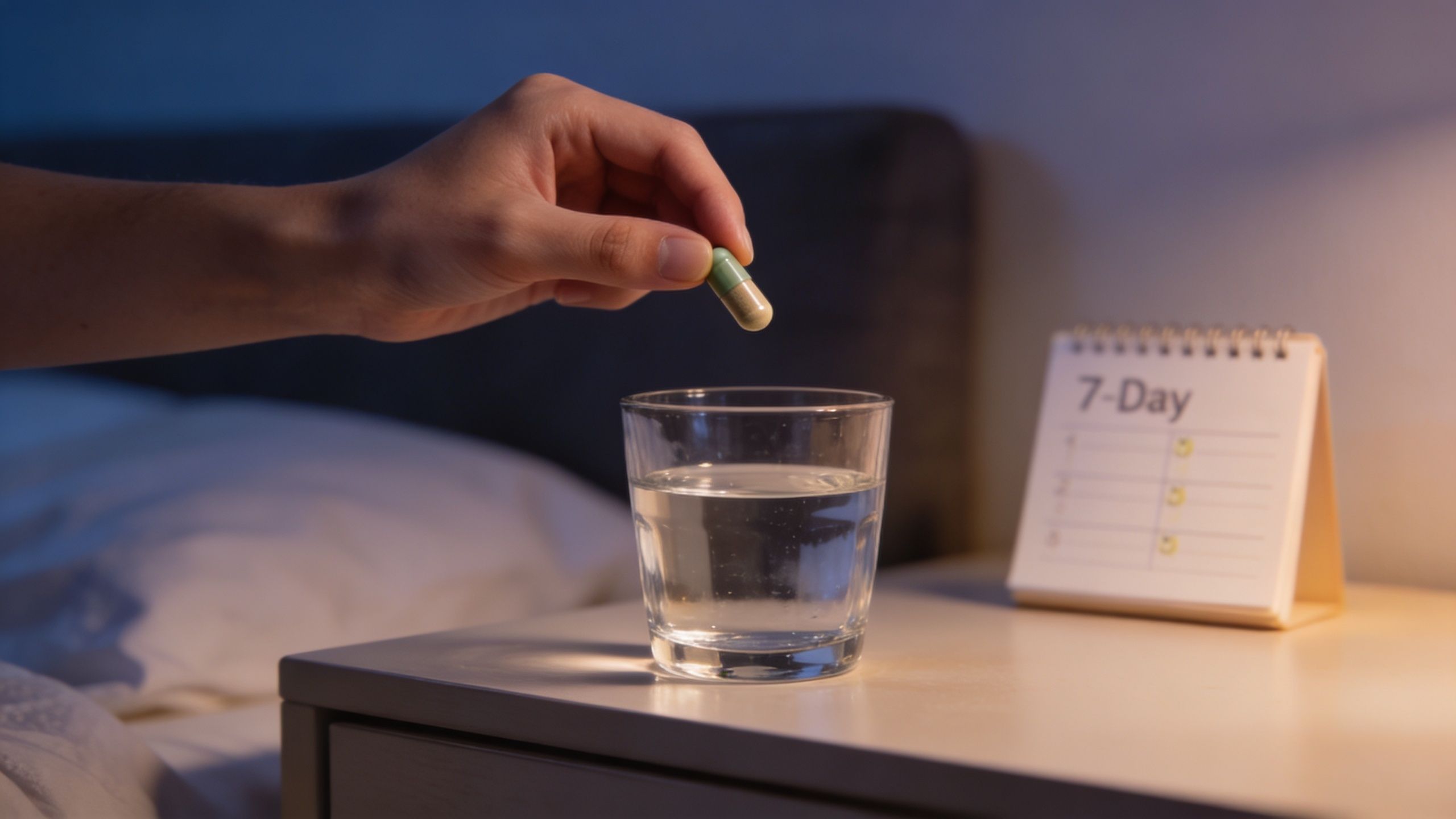 A hand holding a dietary supplement capsule over a glass of water next to a calendar.